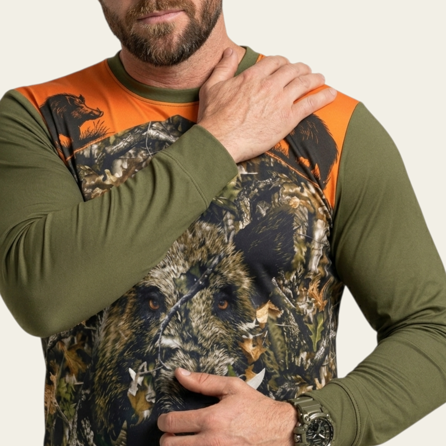 Domuz Desenli Haki Uzun Kollu T-shirt