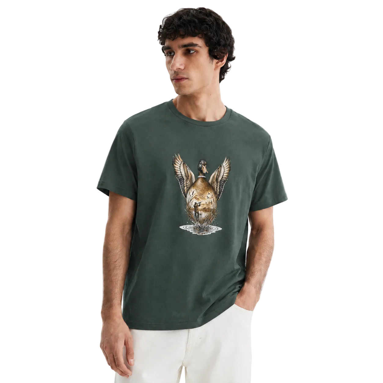 Hardstone Kanatlanan Yeşilbaş Ördek Baskılı %100 Pamuklu T-Shirt model üzerinde görünüm