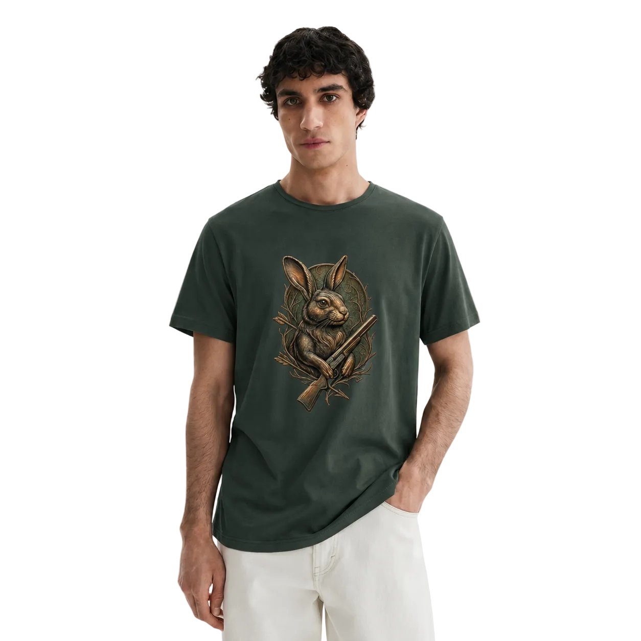 Hardstone Tüfekli Tavşan Baskılı %100 Pamuk T-Shirt model üzerinde görünüm
