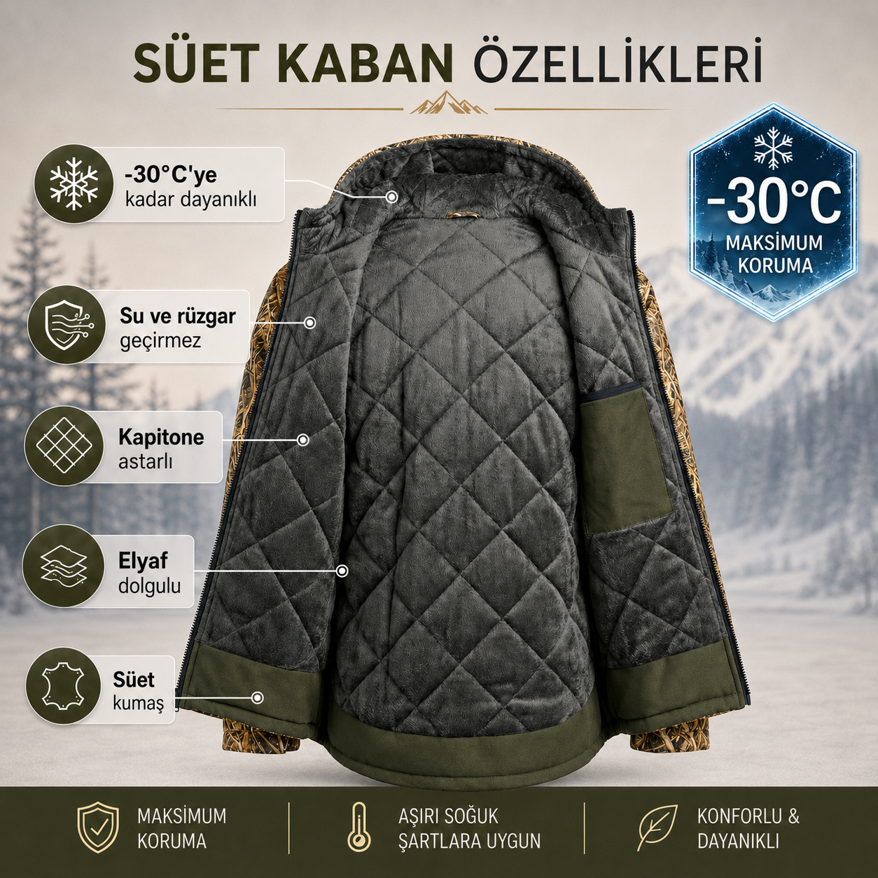 Hardstone Süet Soğuk İklim Takımı Açık Saz Desen özellikler ve iç astar
