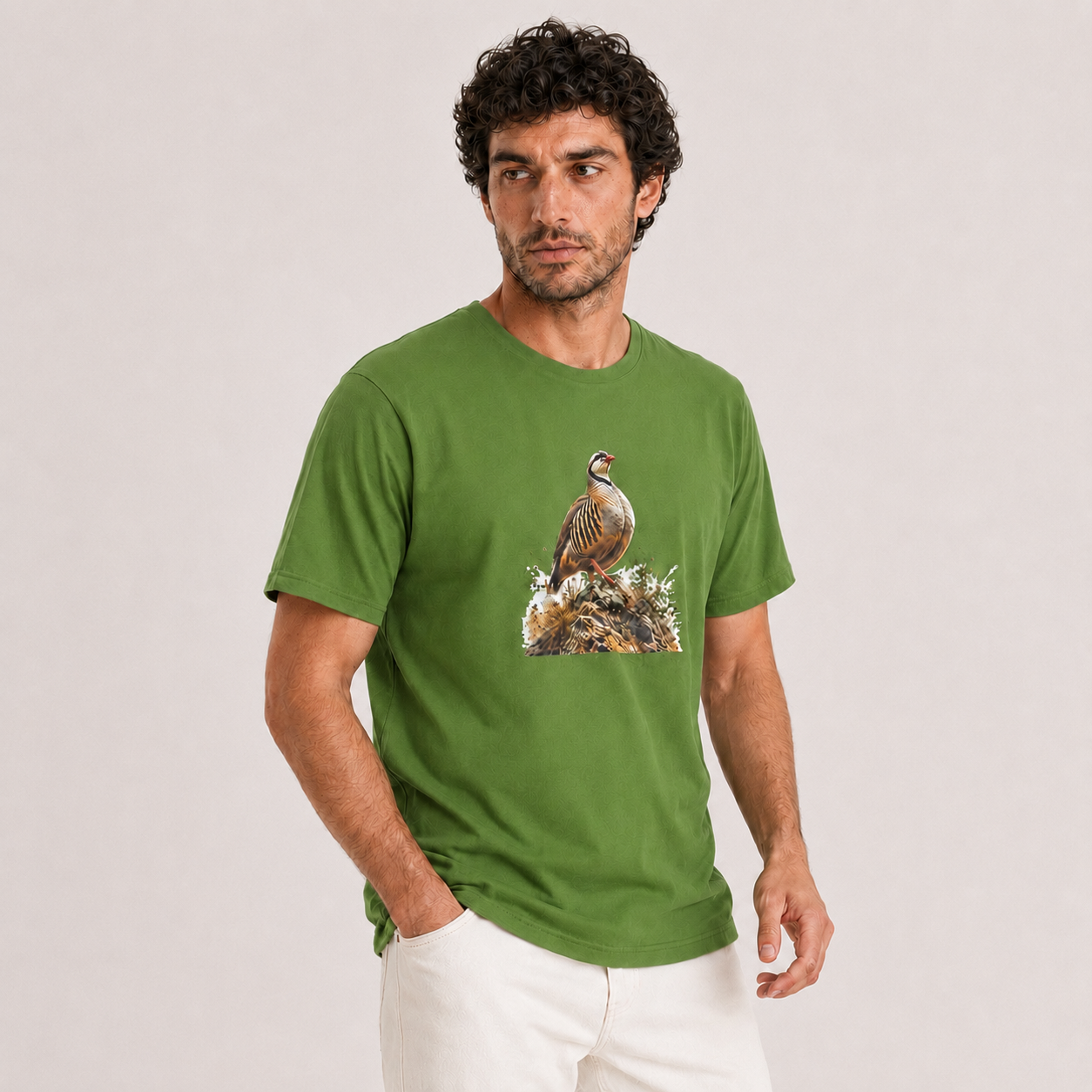 Hardstone Kınalı Keklik Baskılı %100 Pamuk T-Shirt yeşil model görseli