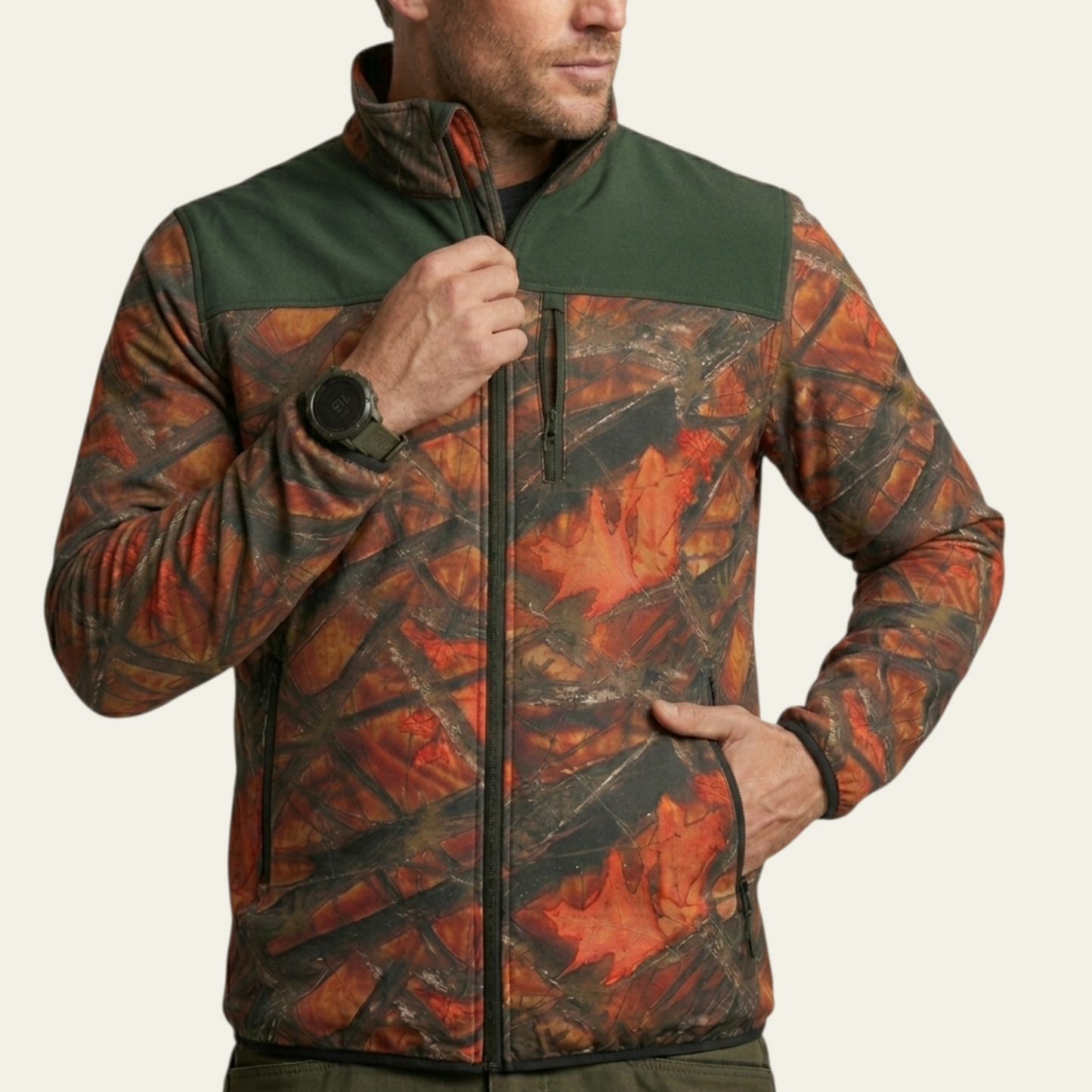 Neon / Haki Saz Desen Softshell Ceket